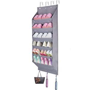over the door shoe organizer with deep pockets, 6 layers hanging shoe rack for closet, 12 pairs of wall shoe rack with 3 hooks, door hanging organizer for shoes sneakers and home accessories grey