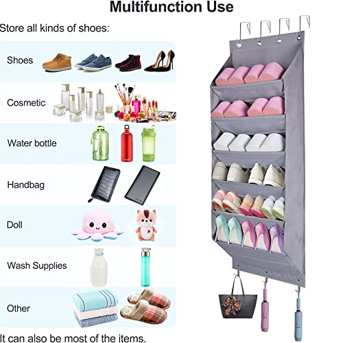 Over The Door Shoe Organizer with Deep Pockets, 6 Layers Hanging Shoe Rack for Closet, 12 Pairs of Wall Shoe Rack with 3 Hooks, Door Hanging Organizer for Shoes Sneakers and Home Accessories Grey