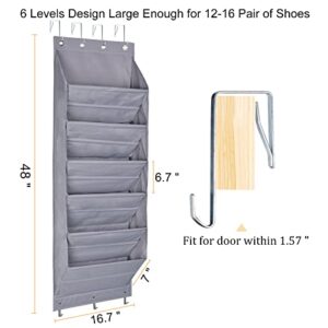 Over The Door Shoe Organizer with Deep Pockets, 6 Layers Hanging Shoe Rack for Closet, 12 Pairs of Wall Shoe Rack with 3 Hooks, Door Hanging Organizer for Shoes Sneakers and Home Accessories Grey