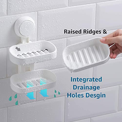 LEVERLOC Shower Caddy & Soap Holder & Toothbrush Holder Soap Dish Suction Cup Double Layer One Second Installation NO-Drilling Removable Bathroom Organizer Set Powerful Heavy Duty Waterproof