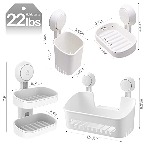 LEVERLOC Shower Caddy & Soap Holder & Toothbrush Holder Soap Dish Suction Cup Double Layer One Second Installation NO-Drilling Removable Bathroom Organizer Set Powerful Heavy Duty Waterproof