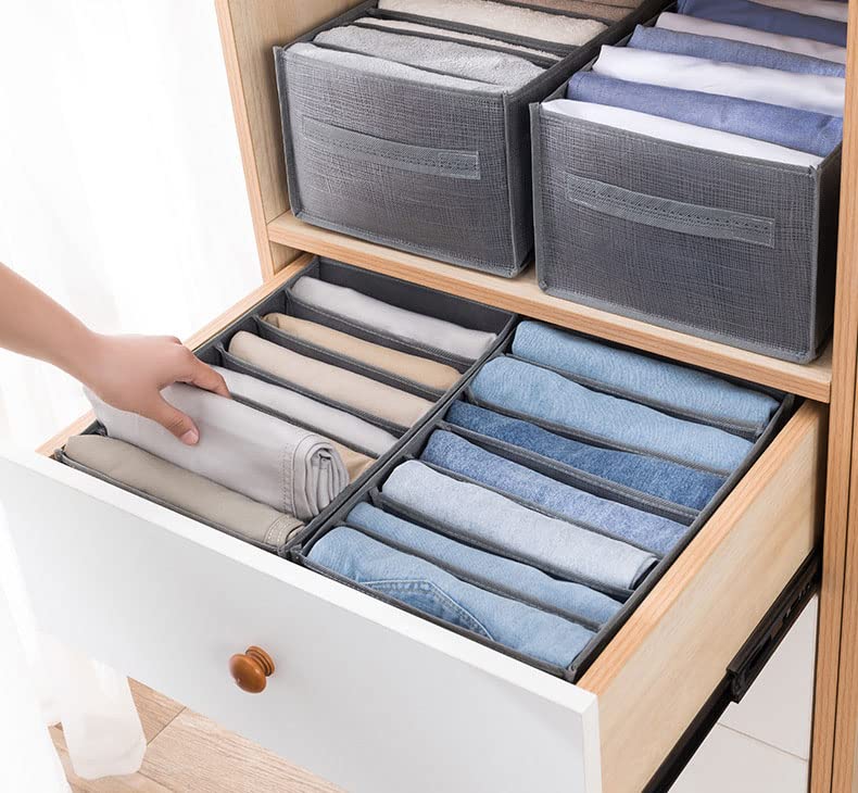 Wardrobe Clothes Organizer for Jeans,4PCS Foldable Jeans Organizer,Pant Organizer for Drawer for Clothes T-shirt Leggings Jeans and Pants Organization，7+9 Grids，Grey