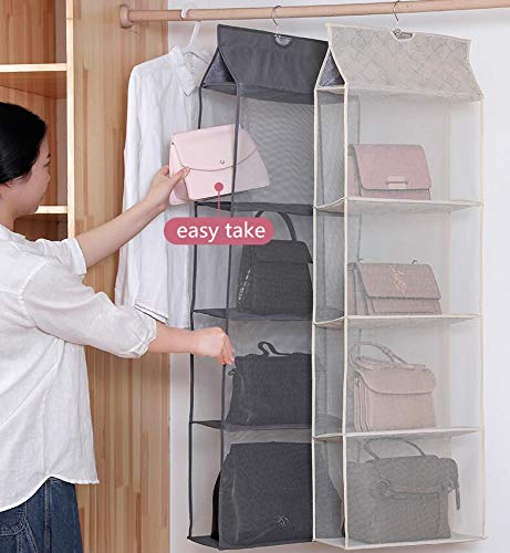 iEventStar 4 Grids Pockets Hanging Bag Handbag Purse Storage Organizer Holder for Wardrobe Closet Hanging Shelves (Gray, 4 Grids)