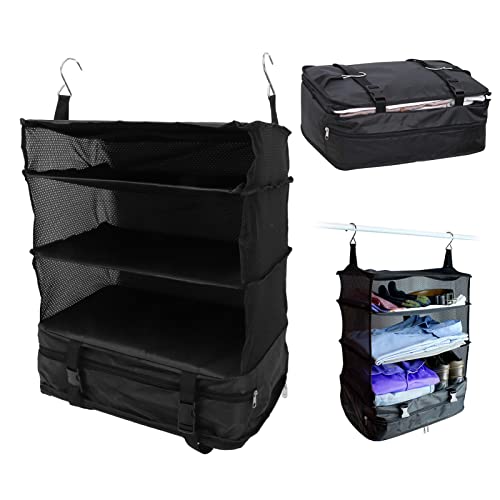 BestAlice Portable Hanging Travel Shelves Bag, 3 Shelf Hanging Clothes Bag for Travel, Large Capacity Hanging Suitcase Organizer, Foldable Hanging Packing Cube Organizer Suitcase Storage