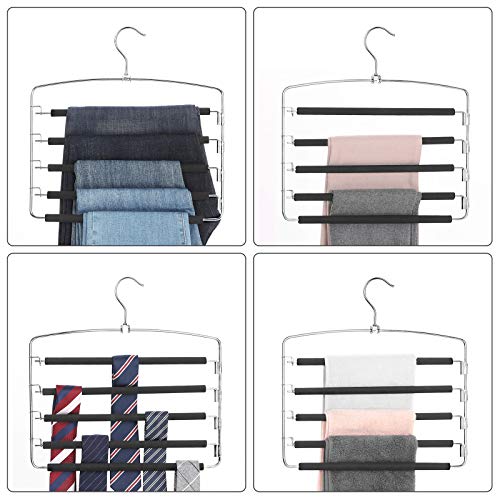 SONGMICS Pants Hangers Space Saving, 5 Layer Pants Hangers, Set of 3 Multiple Pant Hanger, Pants Organizer Hanger, Swing Arm Pants Hangers with Non-Slip Padding, Silver and Black UCRI041BK