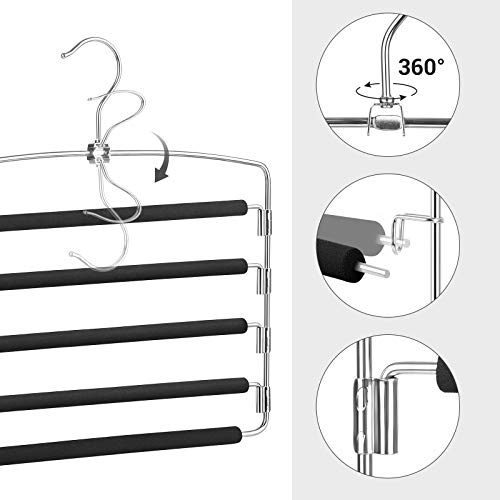 SONGMICS Pants Hangers Space Saving, 5 Layer Pants Hangers, Set of 3 Multiple Pant Hanger, Pants Organizer Hanger, Swing Arm Pants Hangers with Non-Slip Padding, Silver and Black UCRI041BK