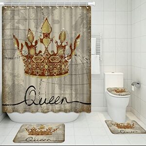 ryounoart 4pcs queen crown shower curtain sets with non-slip rugs toilet lid cover and bath mat vintage fabric waterproof bath curtain set for women girl bathroom decor