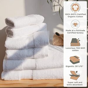 100% Organic Cotton Luxury Towel Set,6 Piece,700 GSM,Ultra Soft,High Absorbant,Bathroom,Hotel,Spa,GOTS Certified,Fair Trade Certified,2 Bath Towels 30x54,2 Hand Towels 20x30,2 Wash Cloths 13x13,White