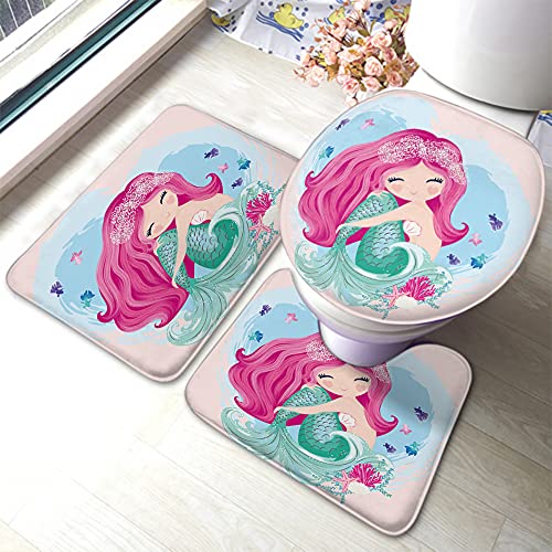 Wondertify Mermaid Bathroom Antiskid Pad Little Cute Fantasy Fish Girl Fishes Seashells 3 Pieces Bathroom Rugs Set, Bath Mat+Contour+Toilet Lid Cover