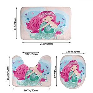 Wondertify Mermaid Bathroom Antiskid Pad Little Cute Fantasy Fish Girl Fishes Seashells 3 Pieces Bathroom Rugs Set, Bath Mat+Contour+Toilet Lid Cover