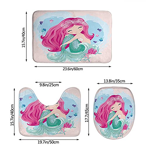 Wondertify Mermaid Bathroom Antiskid Pad Little Cute Fantasy Fish Girl Fishes Seashells 3 Pieces Bathroom Rugs Set, Bath Mat+Contour+Toilet Lid Cover