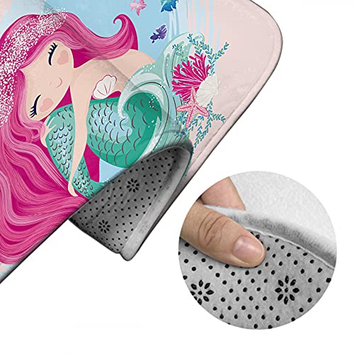 Wondertify Mermaid Bathroom Antiskid Pad Little Cute Fantasy Fish Girl Fishes Seashells 3 Pieces Bathroom Rugs Set, Bath Mat+Contour+Toilet Lid Cover