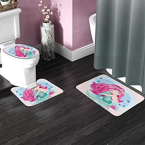 Wondertify Mermaid Bathroom Antiskid Pad Little Cute Fantasy Fish Girl Fishes Seashells 3 Pieces Bathroom Rugs Set, Bath Mat+Contour+Toilet Lid Cover