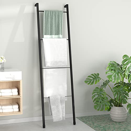 Pickpiff Black Metal Blanket Ladder - Free Standing Wall Leaning Ladder Towel Rack for Decorative Bathroom, Living Room, Kitchen, Holder for Towels, Blankets, Throw Blankets, Quits(4-Tiers, Black)