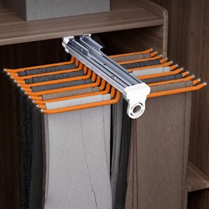 pull out pants rack for closet 22 arms, pull out trousers rack, 22.8”x18.1”x5.1”, multi functional pull out pants hanger organizers, dampening buffer sliding rail, maximum load 33lbs, orange