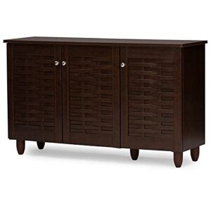 bowery hill contemporary solid wood 3 door shoe cabinet, 12 pairs shoe storage organizer in dark brown