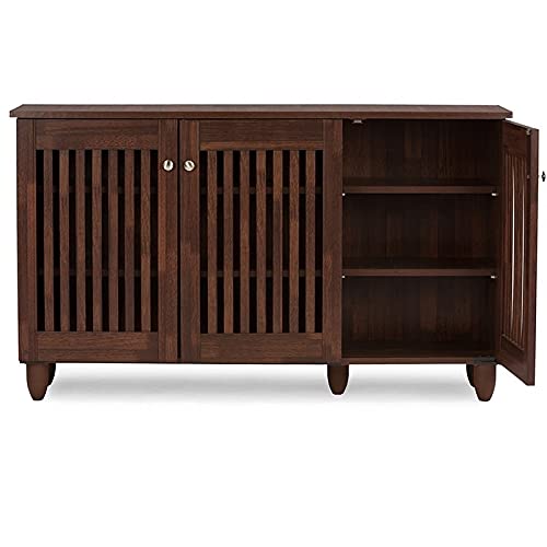 BOWERY HILL Contemporary Solid Wood 3 Door Shoe Cabinet, 12 Pairs Shoe Storage Organizer in Dark Brown