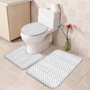 Apular Fashion 3 Piece Bath Rugs Set Modern Herringbone Geometric Grey and White Non Slip Ultra Soft Bathroom Accessories Mats, U Shape Mat and Toilet Lid Cover Mat Bath Mats