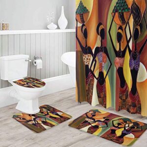 prime leader 4 pcs shower curtain set with 12 hooks, african women mural style bathroom decor sets with non-slip bath mat toilet lid cover, durable waterproof shower curtain and rugs set