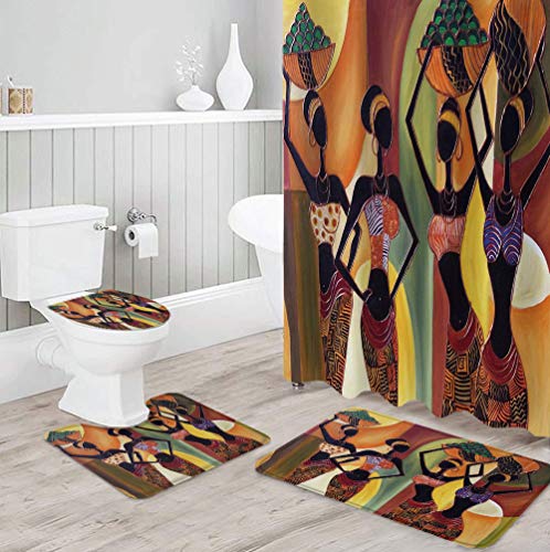 Prime Leader 4 Pcs Shower Curtain Set with 12 Hooks, African Women Mural Style Bathroom Decor Sets with Non-Slip Bath Mat Toilet Lid Cover, Durable Waterproof Shower Curtain and Rugs Set