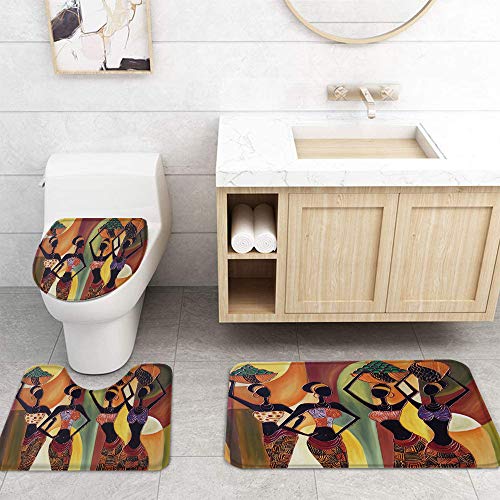 Prime Leader 4 Pcs Shower Curtain Set with 12 Hooks, African Women Mural Style Bathroom Decor Sets with Non-Slip Bath Mat Toilet Lid Cover, Durable Waterproof Shower Curtain and Rugs Set