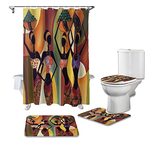 Prime Leader 4 Pcs Shower Curtain Set with 12 Hooks, African Women Mural Style Bathroom Decor Sets with Non-Slip Bath Mat Toilet Lid Cover, Durable Waterproof Shower Curtain and Rugs Set