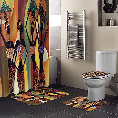 Prime Leader 4 Pcs Shower Curtain Set with 12 Hooks, African Women Mural Style Bathroom Decor Sets with Non-Slip Bath Mat Toilet Lid Cover, Durable Waterproof Shower Curtain and Rugs Set