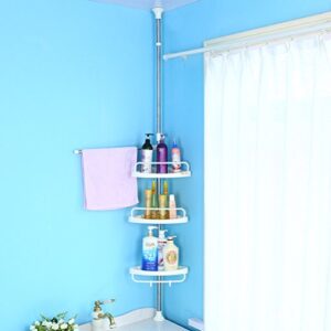 BAOYOUNI 3-Tier Shower Pole Caddy Tension Rod Bathroom Corner Shelf Bathtub Kitchen Countertop Spices Storage Rack Organizer with 1 Towel Bar, Ivory, 45.27-98.42 Inches