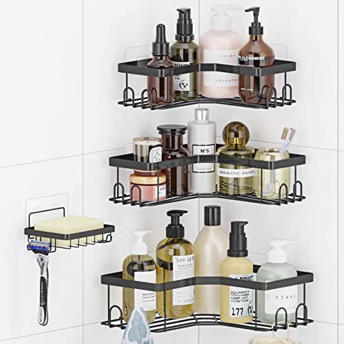 YGEOMER Corner Shower Caddy, 4 Pack Adhesive Shower Corner Shelf Organizer with Soap Dish, No Drilling Shower Shelves for Inside Shower Tile Walls (Black)