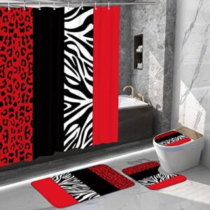 jicosrel 4 pcs bathroom shower curtain set with rugs,leopard and zebra shower curtain bathroom decor set(bath mat,u shape and toilet lid cover mat,black and red)