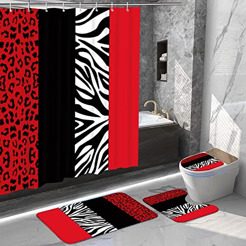 Jicosrel 4 PCS Bathroom Shower Curtain Set with Rugs,Leopard and Zebra Shower Curtain Bathroom Decor Set(Bath Mat,U Shape and Toilet Lid Cover Mat,Black and Red)