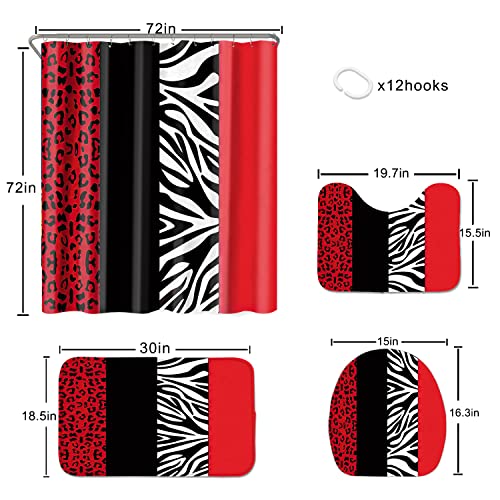 Jicosrel 4 PCS Bathroom Shower Curtain Set with Rugs,Leopard and Zebra Shower Curtain Bathroom Decor Set(Bath Mat,U Shape and Toilet Lid Cover Mat,Black and Red)