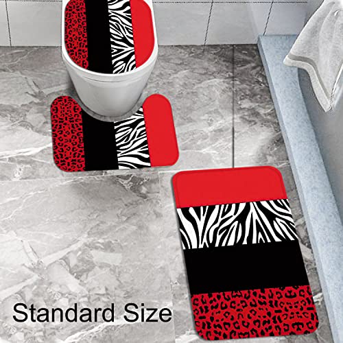 Jicosrel 4 PCS Bathroom Shower Curtain Set with Rugs,Leopard and Zebra Shower Curtain Bathroom Decor Set(Bath Mat,U Shape and Toilet Lid Cover Mat,Black and Red)