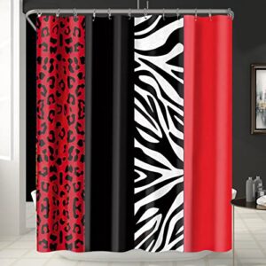 Jicosrel 4 PCS Bathroom Shower Curtain Set with Rugs,Leopard and Zebra Shower Curtain Bathroom Decor Set(Bath Mat,U Shape and Toilet Lid Cover Mat,Black and Red)