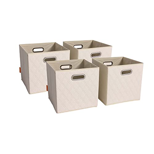 JIAessentials Small 11-inch Beige Foldable Diamond Patterned Faux Leather Storage Cube Bins Set of Four with Handles with Dual Handles for living room, bedroom and office storage