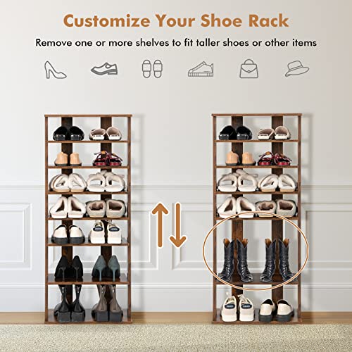 COSTWAY 7 Tiers Shoe Rack, Double Rows Vertical Tall Narrow Patented Shoe Organizer, Free Standing Shoe Rack for Small Space, Entryway, Closet, Living Room, Bedroom (Rustic Brown)