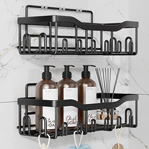 TESFITOO Shower Caddy Bathroom Shelf 7-Pack, Shower Shelves, Adhesive Shower Organizer, Rustproof Stainless Steel Kitchen Shelf Basket Wall Mounted Storage Organizer for Living Room (Black)