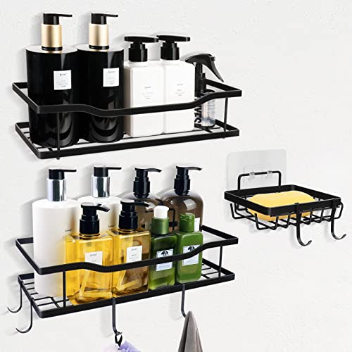 Seninda 3 Pack Shower Caddy Self-Adhesive Bathroom Organizer with Hooks for Shampoo, Soap, Razors, and More