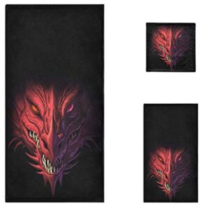 naanle 3d magic angry red dragon head print soft luxury decorative set of 3 towels, 1 bath towel+1 hand towel+1 washcloth, multipurpose for bathroom, hotel, gym, spa and beach(black)