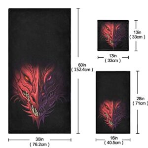 Naanle 3D Magic Angry Red Dragon Head Print Soft Luxury Decorative Set of 3 Towels, 1 Bath Towel+1 Hand Towel+1 Washcloth, Multipurpose for Bathroom, Hotel, Gym, Spa and Beach(Black)