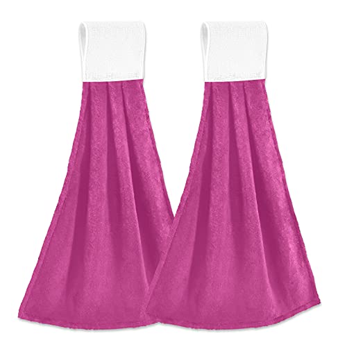 WELLDAY 2 Pcs Hanging Hand Towels Soft Absorbent Plain Deep Magenta Solid Color Towel for Kitchen Bathroom