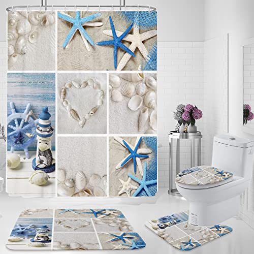 zokyer Starfish Shower Curtain Set Seashell Beach Coastal Conch Ocean Blue Bathroom Decor with Non-Slip Rugs Toilet Lid Cover U Shape Mat 12 Hooks Fabric Polyester (60Wx72L)