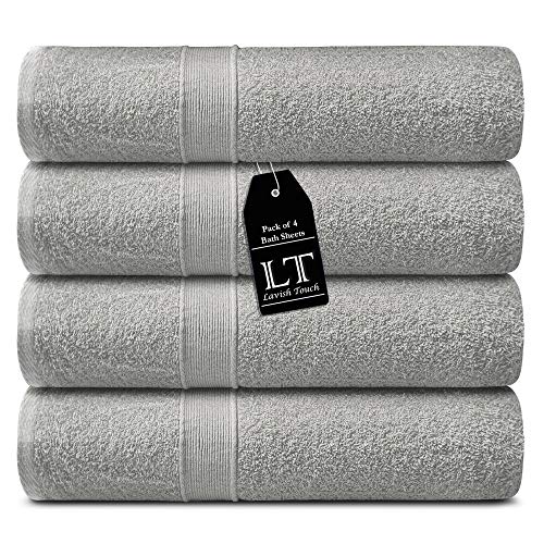 Lavish Touch 400 GSM 100% Cotton 4 Pack Bath Sheets Set 30x60, Premium Quick Drying Quality Towel Sets for Bathroom, Ultra Soft Highly Absorbent Machine Washable, 4 Bath Sheets Light Grey