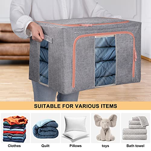 66L Clothes Storage Bins with Metal Frame, Fiberboard Bottom Thick Cotton Linen Protect from Moisture Dust Double Opening Zipper Perfect for Clothing Toys Sheets Blankets (Set of 3)