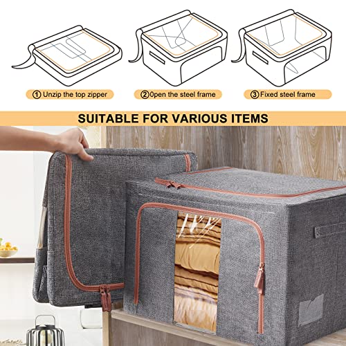 66L Clothes Storage Bins with Metal Frame, Fiberboard Bottom Thick Cotton Linen Protect from Moisture Dust Double Opening Zipper Perfect for Clothing Toys Sheets Blankets (Set of 3)