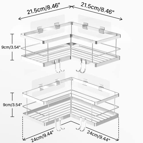 Carwiner Corner Shower Shelf 2-Pack, 304 Stainless Steel Shower Caddy with Adhesive, Wall Mounted Bathroom Shelf, Shower Rack Hanging Storage Organizer (Silver)