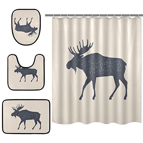 Oyihfvs Moose Wild Deer Silhouette Isolated 4 Pcs Shower Curtain with Matching Doormat Sets, Bath Curtain with Rugs(Bath Mat, U Shape Mat, Toilet Lid Cover Mat) with Hooks