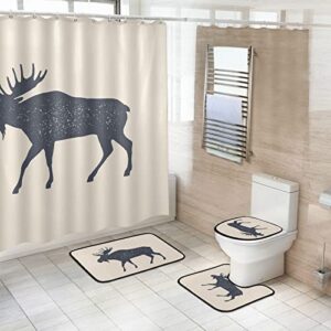 Oyihfvs Moose Wild Deer Silhouette Isolated 4 Pcs Shower Curtain with Matching Doormat Sets, Bath Curtain with Rugs(Bath Mat, U Shape Mat, Toilet Lid Cover Mat) with Hooks