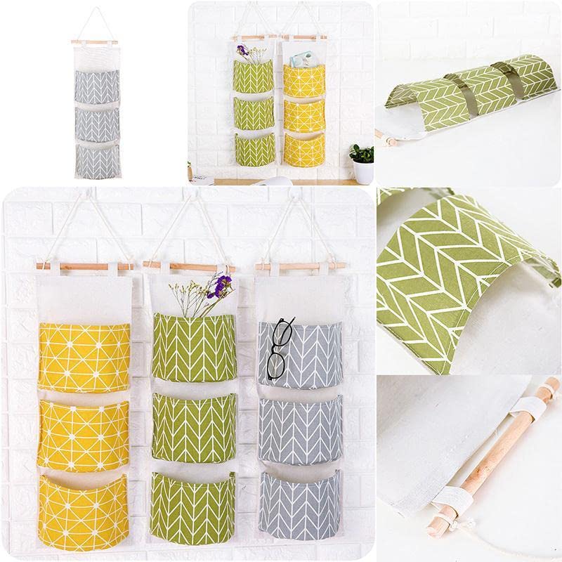 Krimo Wall Closet Hanging Storage Bag Premium Linen Fabric Over The Door Organizer, Hanging Storage Pouches with 3 Pockets for Bedroom Bathroom Waterproof & Stylish(Green)