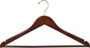 wooden suit hangers with walnut finish and solid wood bar, space saving flat 17 inch hanger with brass swivel hook & notches (set of 8) by the great american hanger company